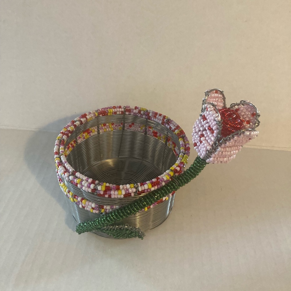 Handcrafted Beaded Bottle Holder with Pink Flower